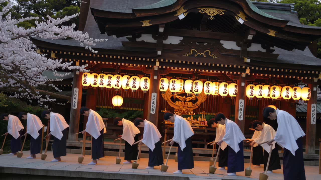 Japanese Shrine Ceremony Under Cherry Blossoms