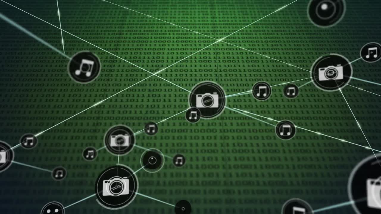 바이너리 코드와 함께 녹색 배경에 아이콘으로 연결 네트워크의 애니메이션