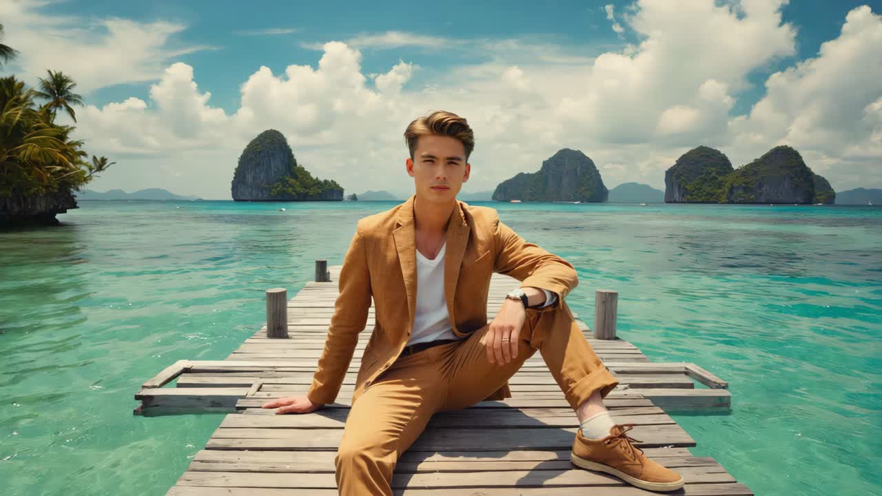 Man in Suit on Tropical Beach Pier