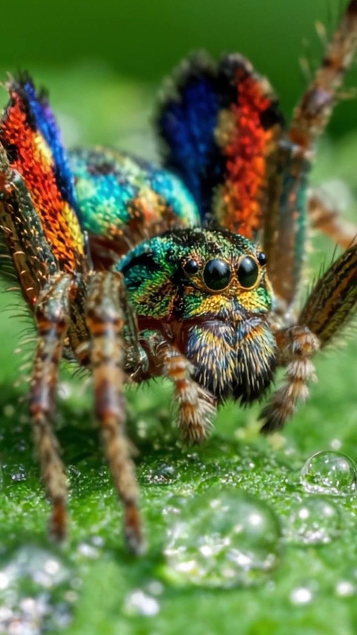 Close-up of a Vibrant Multicolored Spider on a Leaf with Dew Drops, Showcasing Its Intricate Features and Striking Colors in a Stunning Macro Photography
