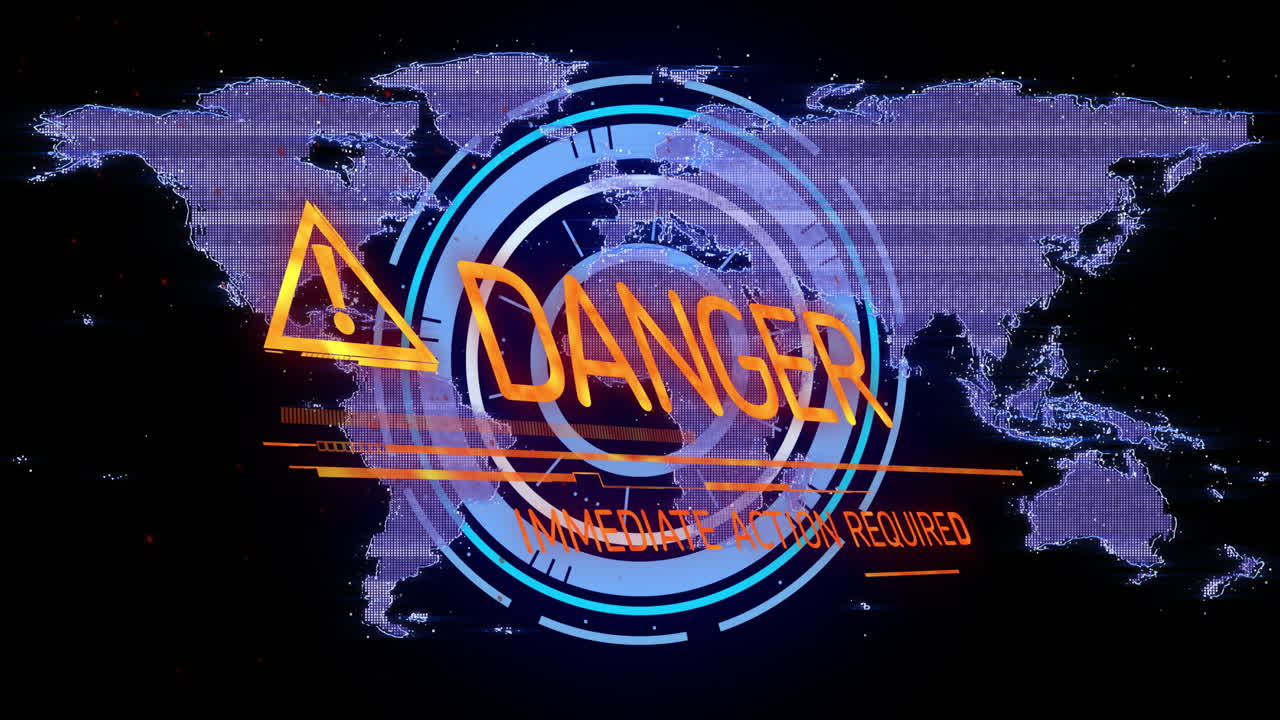 Danger warning with immediate action required text over world map animation
