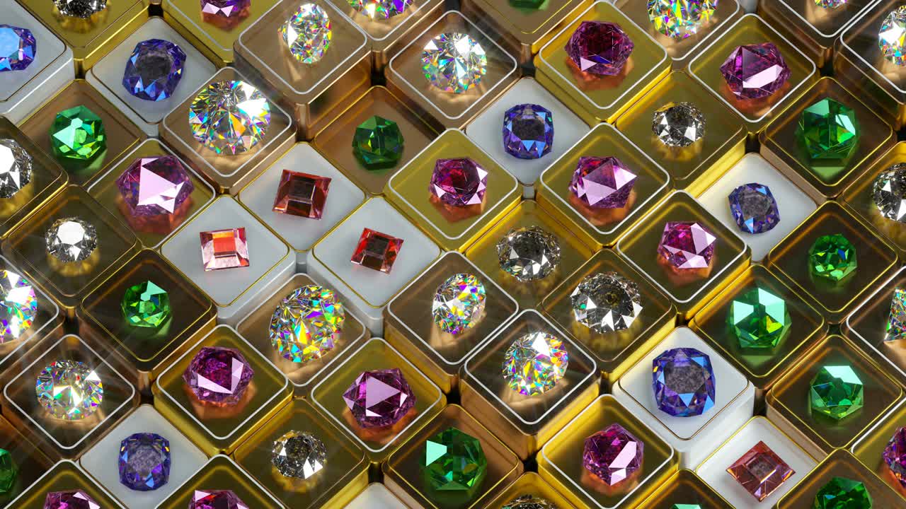Various gemstones and precious metals 3D render seamless loop animation