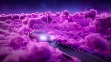 loop synthwave car neon road that winds its way through beautiful pink clouds in a dreamlike