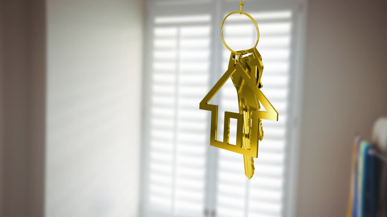 Animazione di una chiave dorata a forma di casa su una stanza vuota.