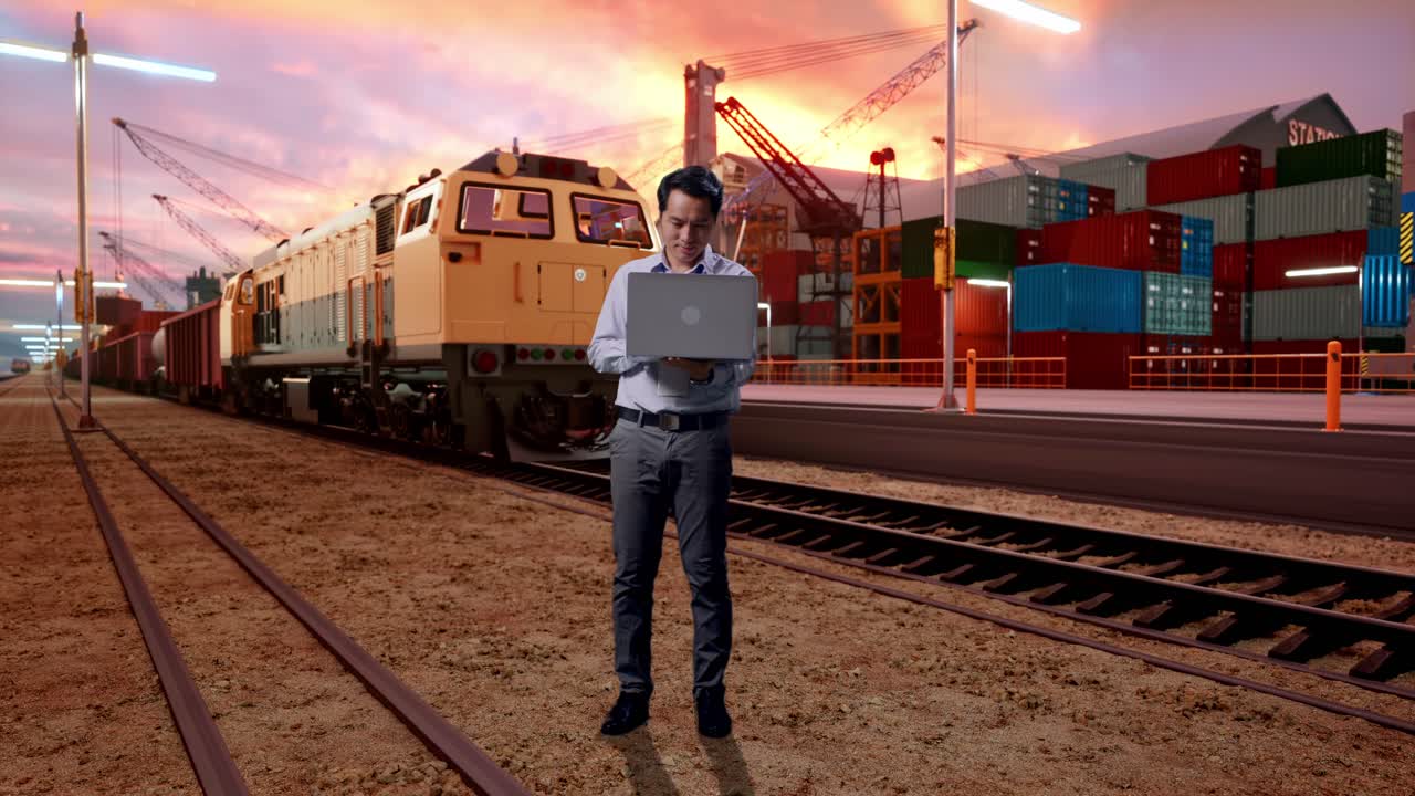 Full Body Of An Asian Male Professional Worker Standing With His Laptop With Freight Cargo Train At Port, Working Continuously