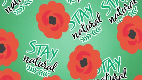 animation of multiple falling stay natural text and logos, and red flower heads on green background