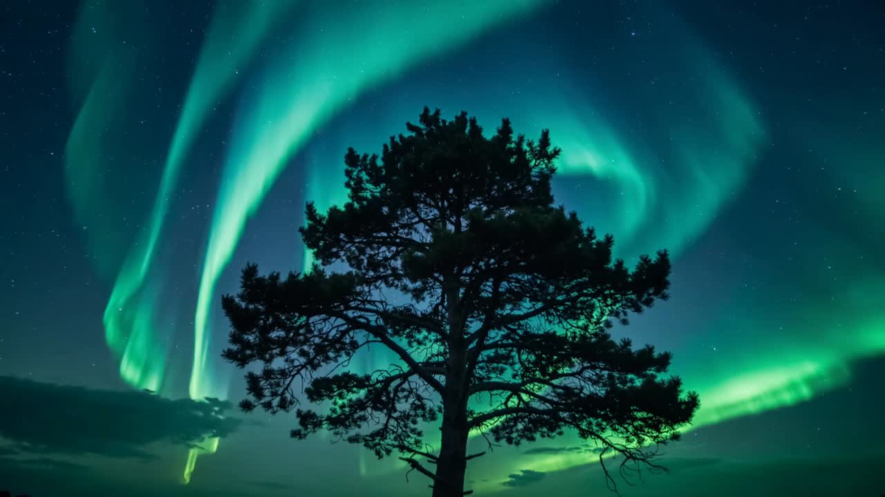 Tende aurorali danzanti dal vento solare, che incorniciano un pino in silhouette su un crinale, stelle, nuvole basse.