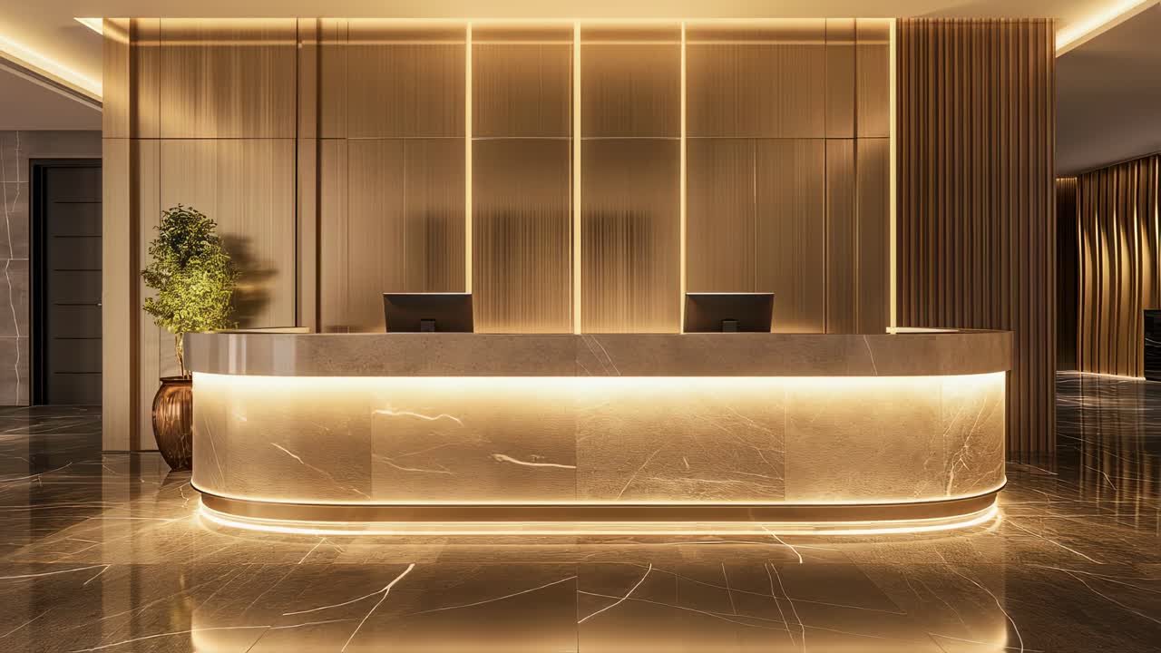Warm golden lighting casting soft glow over luxurious marble hotel reception, highlighting contemporary design with elegant minimalist aesthetic and welcoming ambiance