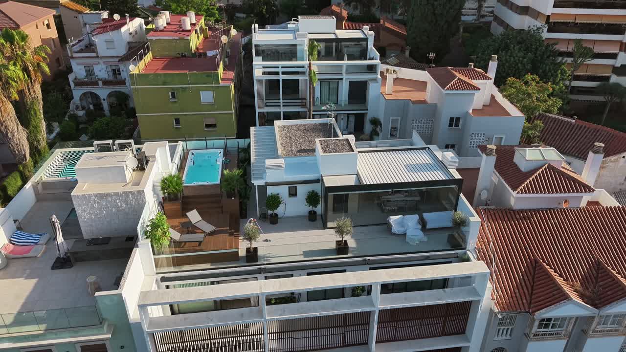 Luxurious rooftop terrace with pool, modern design, aerial view daytime