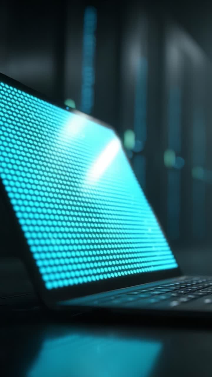 En högteknologisk laptop som visar dynamiska hexagonala mönster och datavisualisering i en modern datacenter-miljö