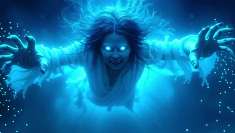 A woman in a white dress with blue eyes and a ghostly face