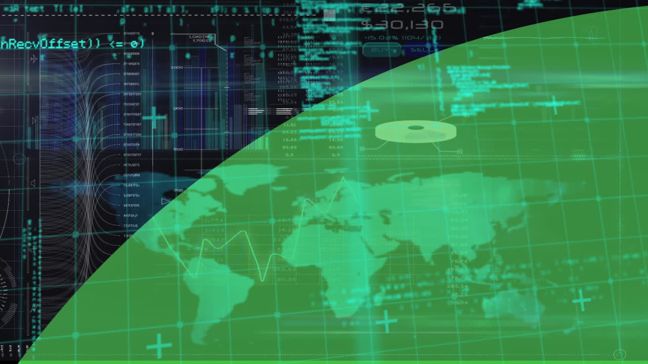 Animation of green sphere over interface with scanner, world map and blue processing data