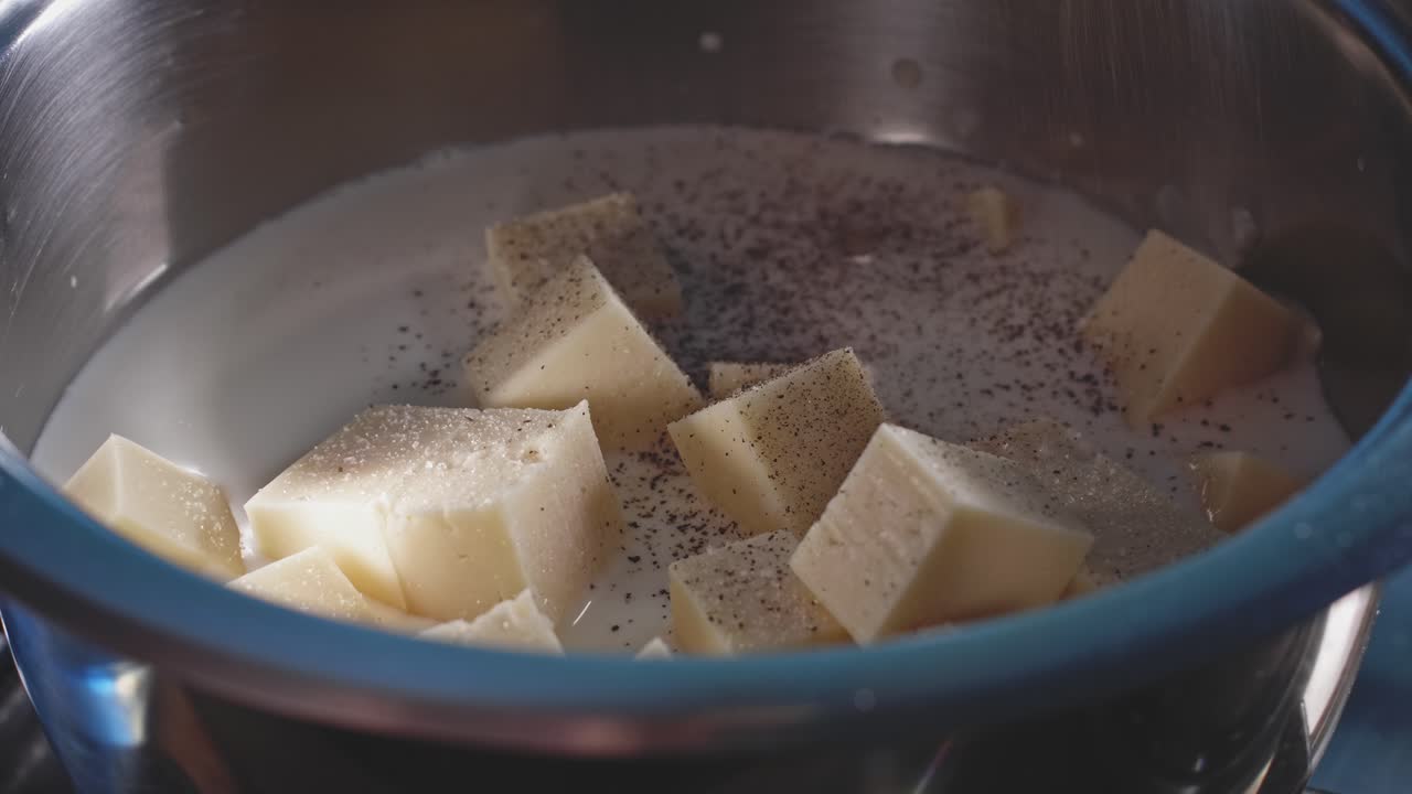 Terningskåret ost og melk koker i en gryte, drysset med salt og pepper.
