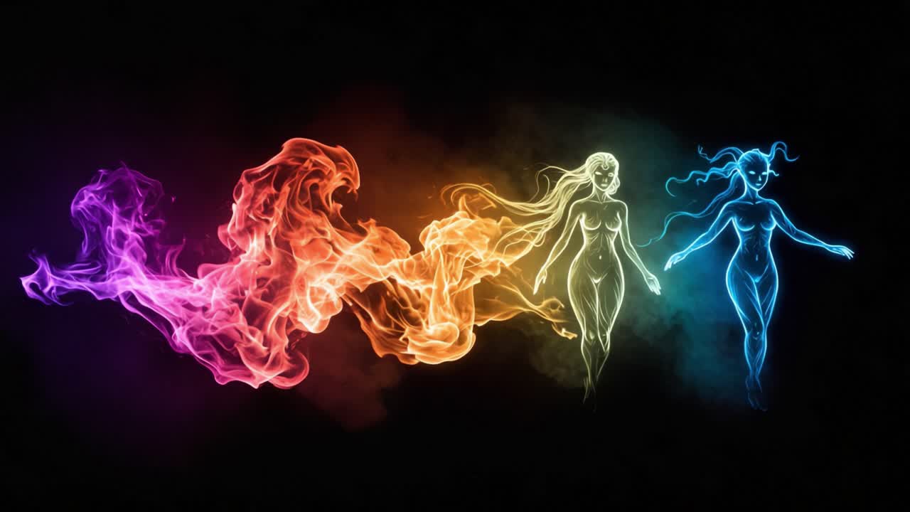 A Captivating Dance of Flames and Light: Mesmerizing Figures Emerge Through Colorful Smoke in a Unique Artistic Display