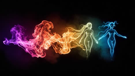 A Captivating Dance of Flames and Light: Mesmerizing Figures Emerge Through Colorful Smoke in a Unique Artistic Display