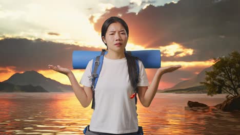 woman hiking, confused at sunset