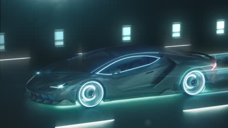 el automóvil deportivo de neón cibernético se apresura en el camino nocturno con luces de neón y rastro