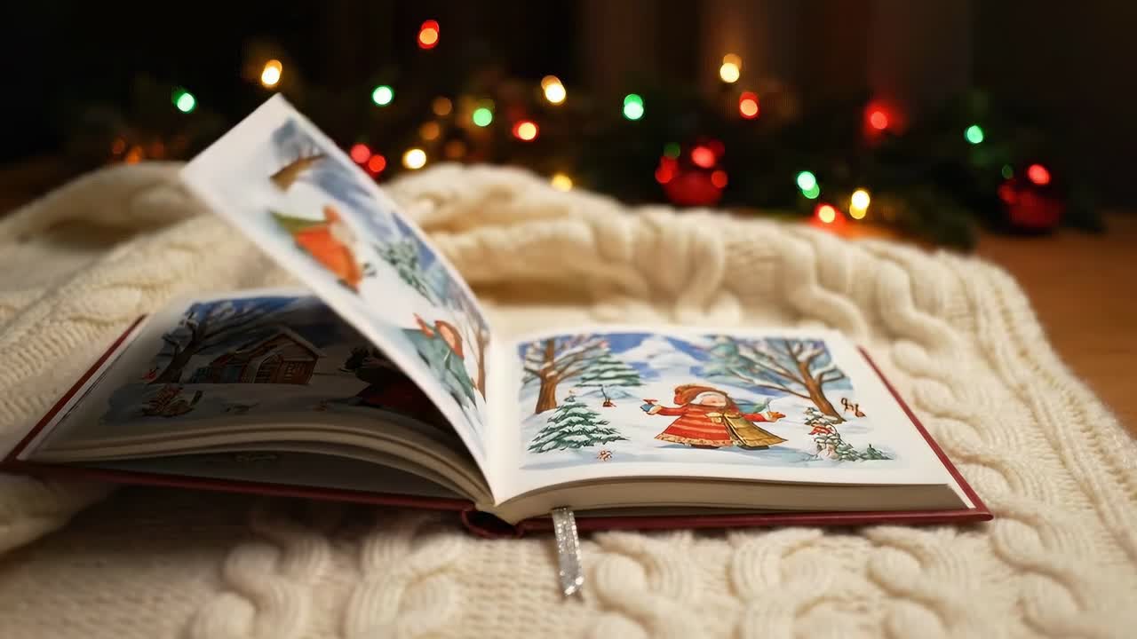 Cozy video scene of an open book on a knitted blanket, with bokeh lights in the background