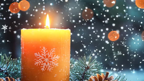 a candle is lit in front of pine cones and snow. the scene is warm and cozy, with the candle providing a soft glow that contrasts with the cold, snowy background