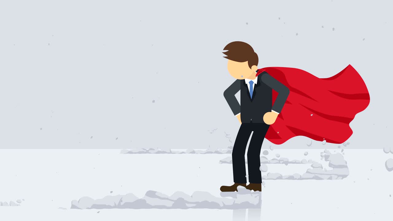 먼지 구름 근처에 서있는 슈퍼 히어로, 비즈니스 상징, 리더십 및 도전 개념, 코 루프 애니메이션