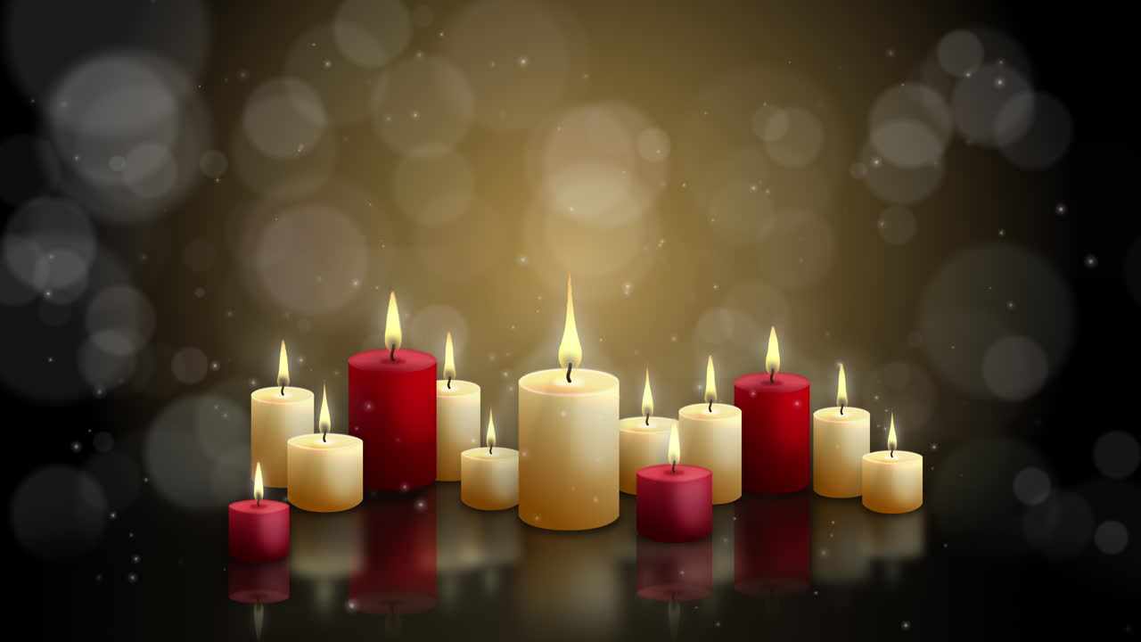 Red and yellow candles on the table burning on a dark background with blurred round highlights. Looped animation motion.