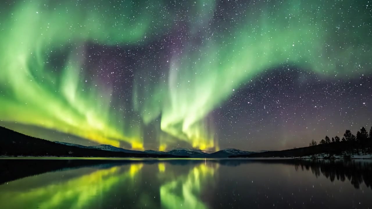 Danza Mozzafiato dell'Aurora Boreale Sopra un Lago Sereno, Riflettendo Colori Vivaci nel Cielo Notturno Stellato, Catturando la Spettacolare Bellezza della Natura.