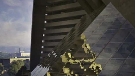 unique architectural design of a pyramid structure beneath a modern building