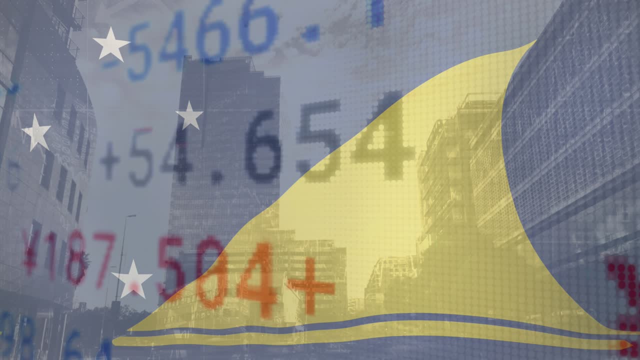 Animazione della bandiera di Tokelau su mercato azionario e paesaggio urbano