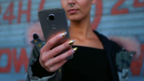 woman using mobile phone outside shop 4k