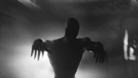 animation of scary zombie mummy walking in dark crypt with burning torches, in black and white