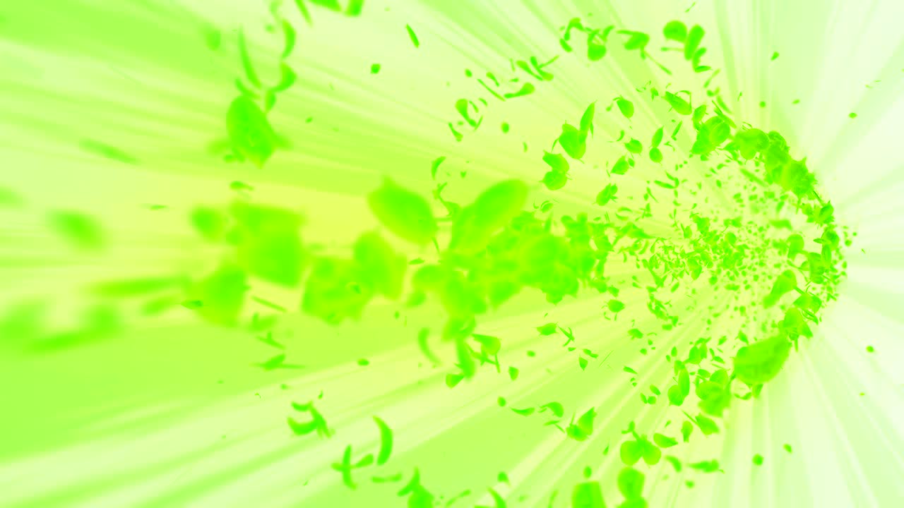 vórtice de hojas verdes. espiral partícula brillante de hojas estacionales. hoja danzante. colorida animación de bucle de túnel de la naturaleza.