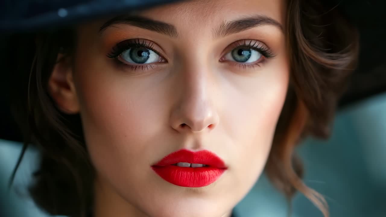 una mujer con un sombrero negro y lápiz labial rojo