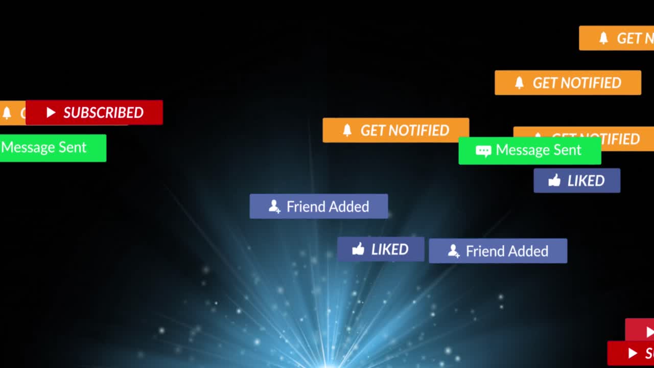 검은색 배경의 빛 트레일 위에 텍스트가 있는 소셜 미디어 아이콘의 애니메이션