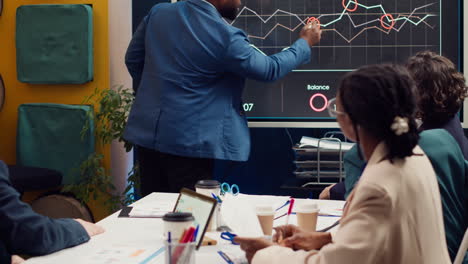 diverse colleagues reviewing monthly sales infographics on interactive board