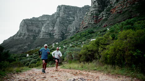 two senior men running a mountain trail