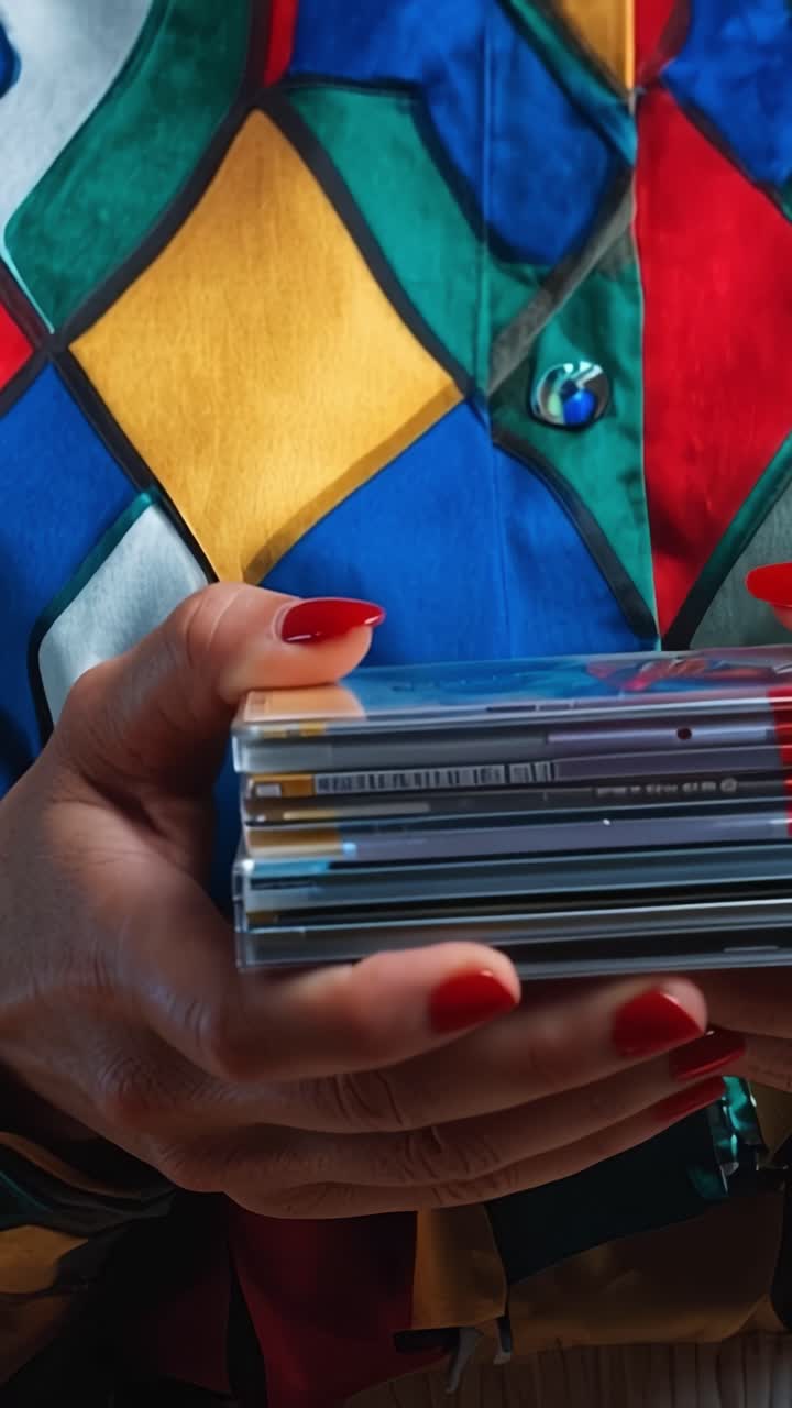 Um Retrato Colorido: Mulher Segurando Pilhas de Capas de CD com uma Estampa de Camisa Geométrica Vibrante, Capturando Nostalgia e Coleção de Música Pessoal.