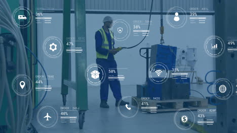 animation of data processing and media icons over biracial male worker working in warehouse