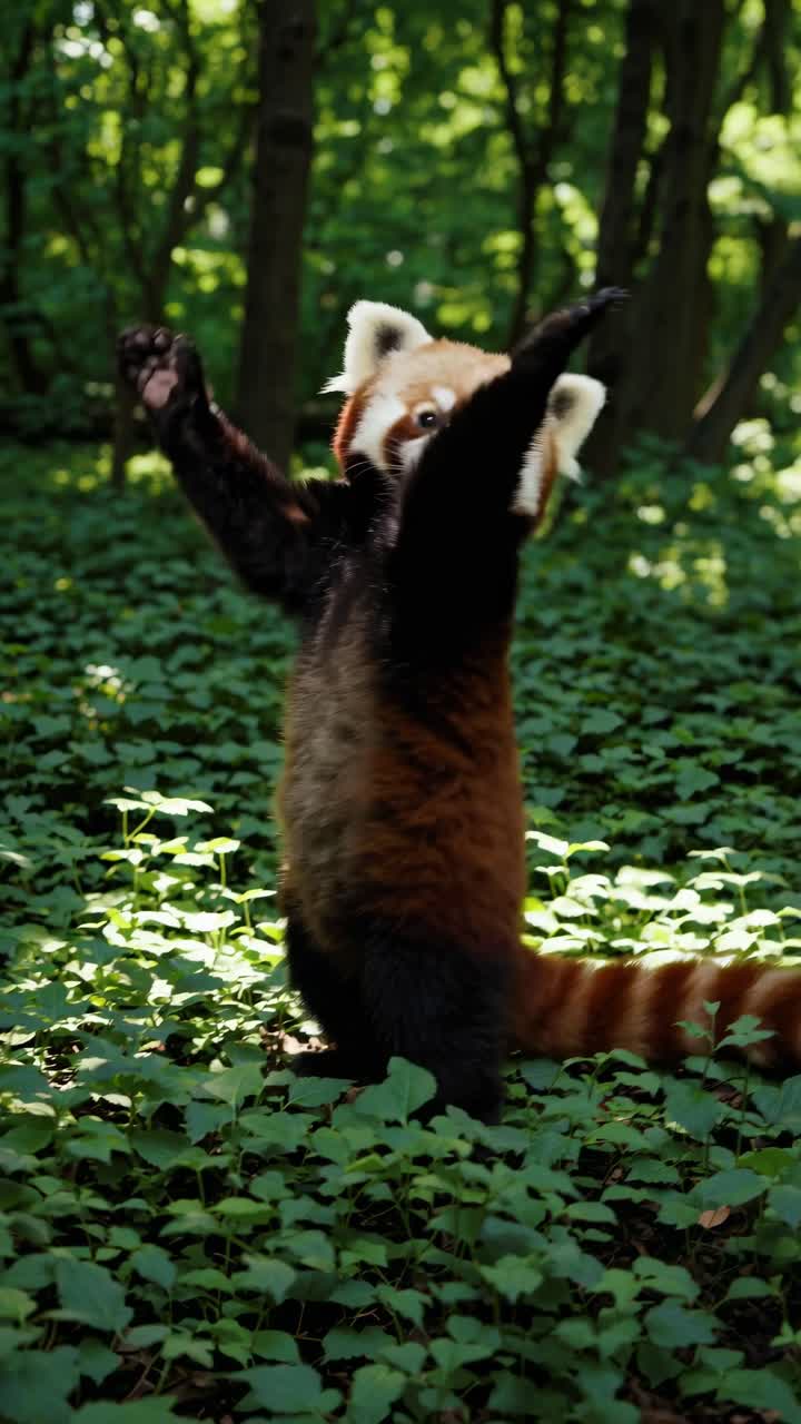 Un panda rosso si erge in mezzo a una vegetazione lussureggiante, ripreso dal basso.