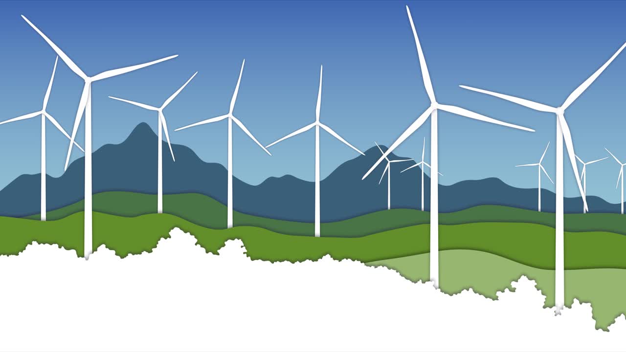 종이 스타일의 여름 풍경과 함께 녹색 언덕의 풍력 터빈
