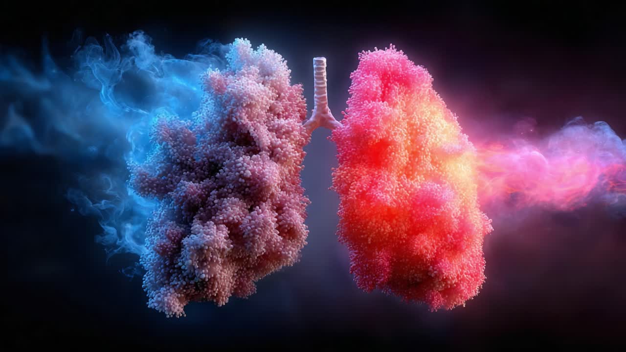 A Captivating Artistic Representation of Lungs, Featuring Vibrant Blue and Red Smoke, Symbolizing Breath and Life in a Stunning Visual Display