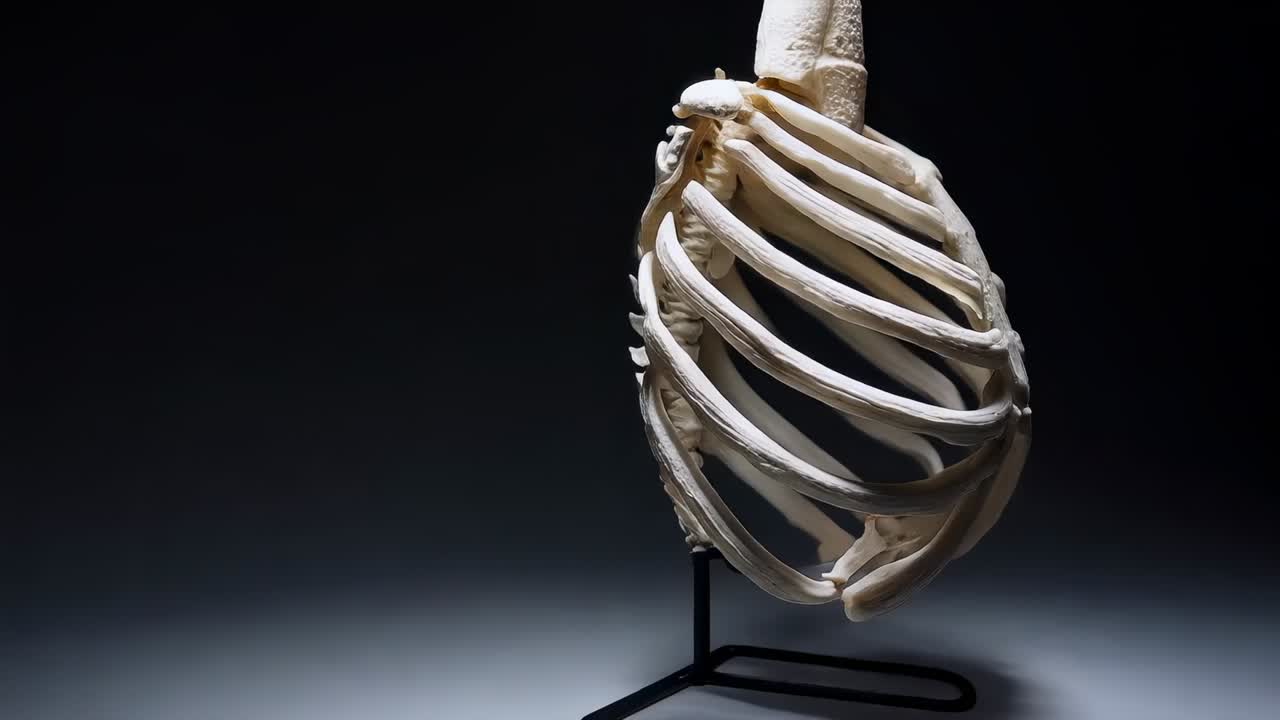 Camera panning initiating rib cage model rotation, revealing sternum in studio for study with rod
