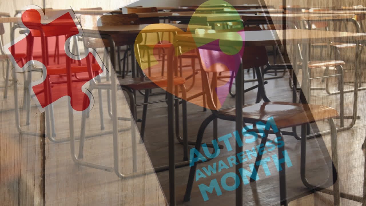 오티즘에 대한 경각심의 달 텍스트와 스마트폰과 교실에서 퍼즐과 함께 심장