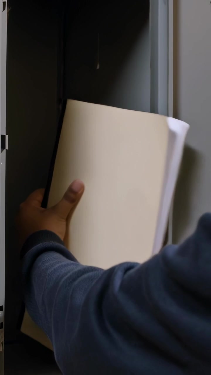 Vertical video: Unlocking school locker, navy-top boy stowing folder, backpack for class