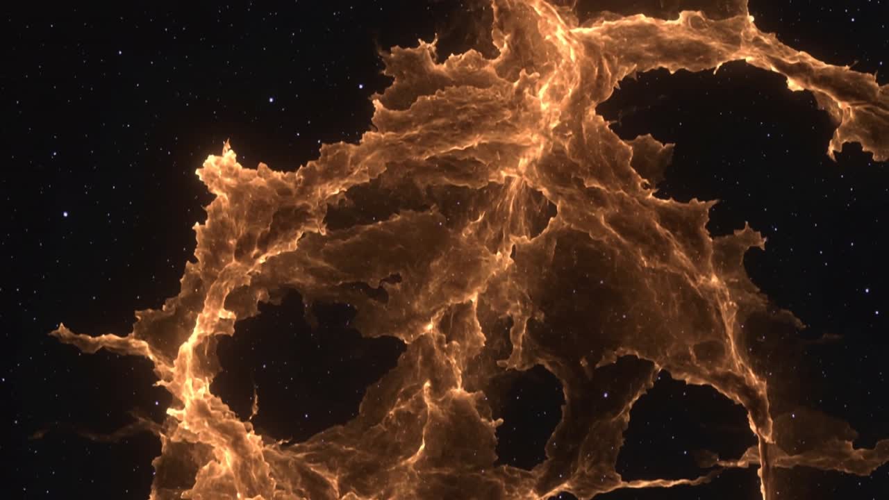 Focusing camera showing orange nebula forming ring, hollowing into cavities with lit edges in space