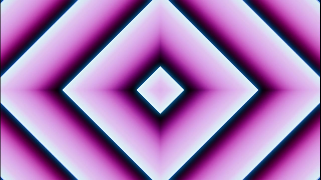 Centrální abstraktní kompozice s koncentrickými diamantovými tvary vytvořenými ze širokých diagonálních pásů, neonově azurovou vnitřní září, purpurovými vnějšími okraji, plynulými přechody barev, vrstvenou symetrií a ostrými.