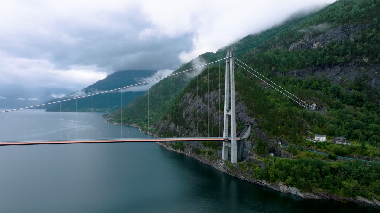 Aerial View of a Suspension Bridge Over a Fjord in Norway