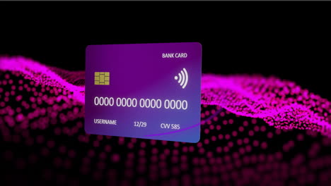 Animation-of-credit-card-with-data-over-glowing-mesh-on-black-background