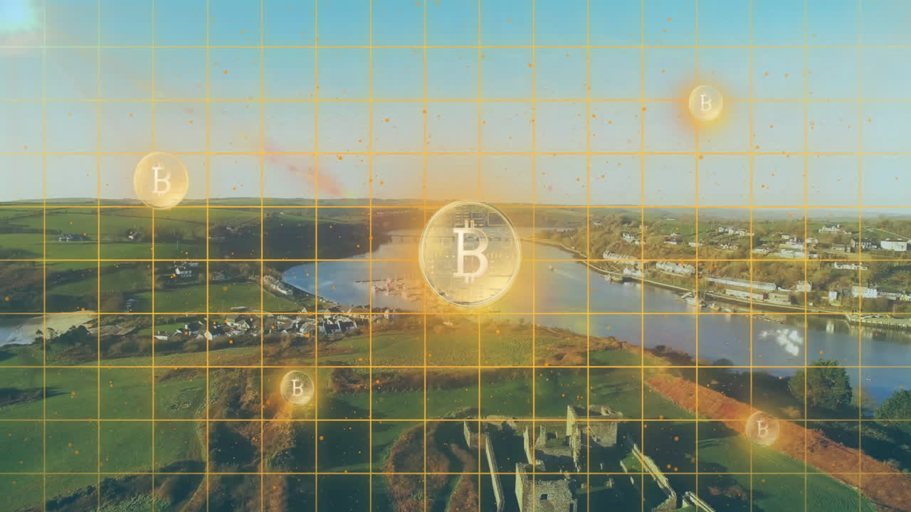 Bitcoin icons floating above winding river and patchwork fields, featuring orange grid overlay