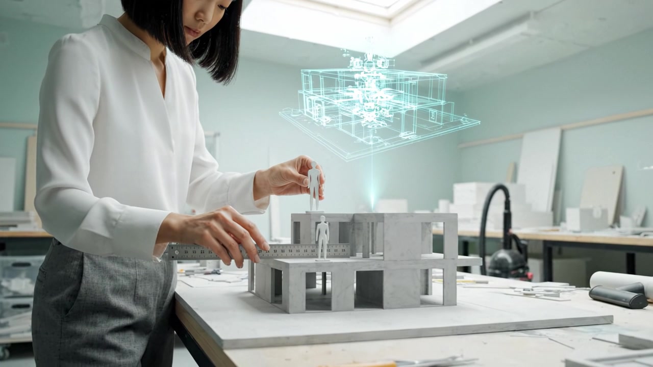 Arquitecto Innovador Examina Modelo 3D de Edificio Moderno con Superposición de Plano Digital en un Entorno de Estudio de Diseño Contemporáneo.