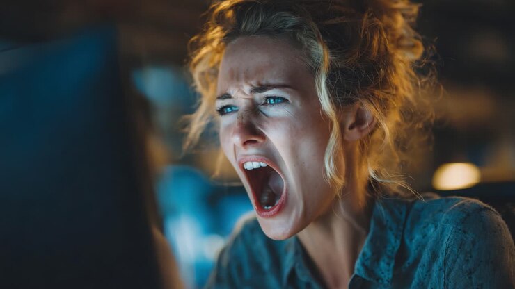 Stærke følelsesmæssige reaktioner: En kvinde udtrykker frustration og vrede, mens hun stirrer på en computerskærm, fanget i to forskellige billeder